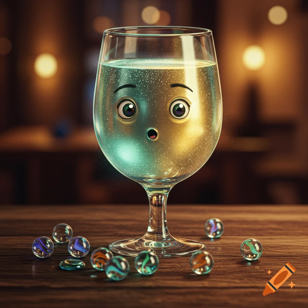 A photorealistic cartoon glass of sparkling liquid with a surprised face, surrounded by colorful marbles on a wooden table.
