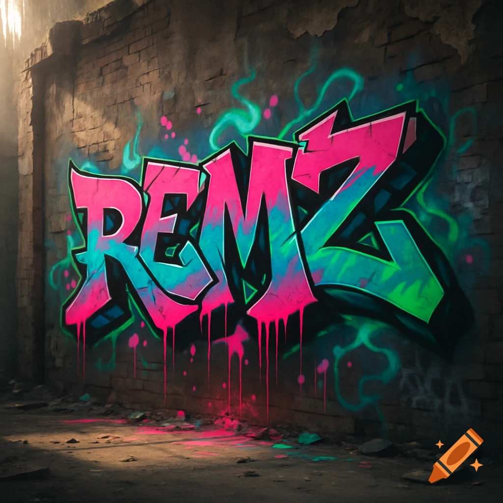 Vibrant pink and teal graffiti spelling 'REMZ' on a dark, grungy brick wall, with paint drips and glowing effects.