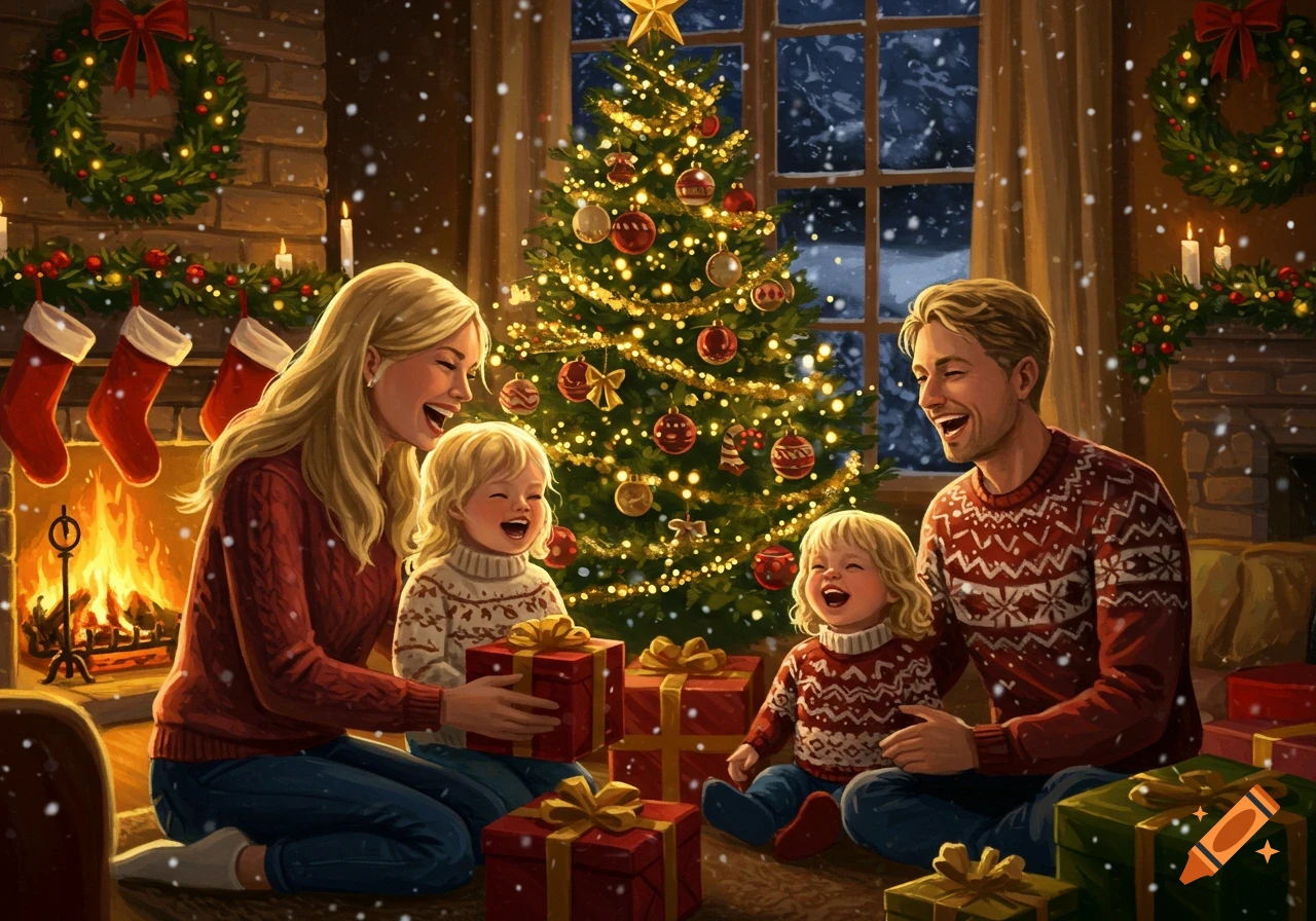 Happy family with two children opening Christmas gifts in a cozy living room with a decorated tree and fireplace, snow falling outside.