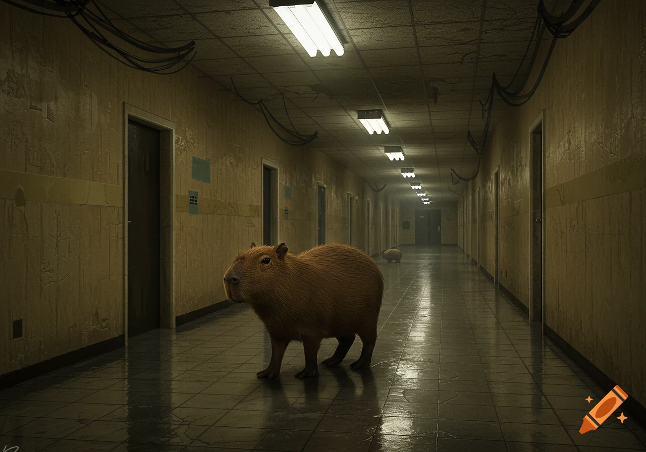 A photorealistic capybara stands in a dimly lit, rundown hallway with another capybara in the distance.