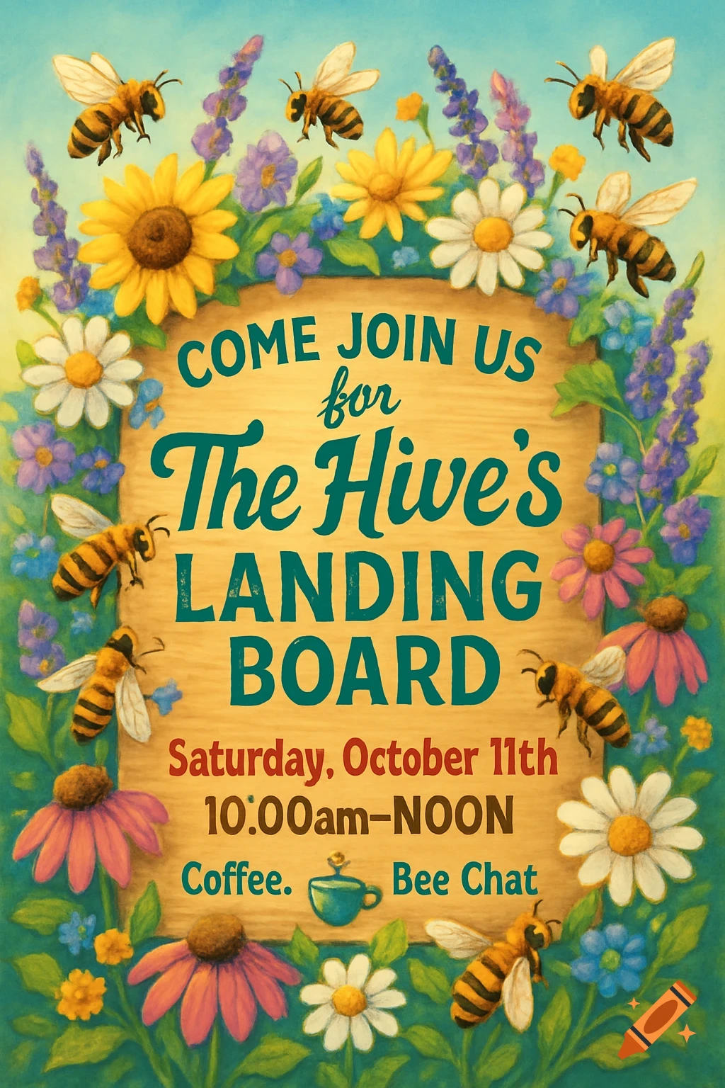 A colorful, illustrated poster features a wooden sign bordered by bees, sunflowers, daisies, and lavender, advertising 'The Hive's Landing Board' event on 'Saturday, October 11th 10:00am-NOON' with 'Coffee. Bee Chat.'