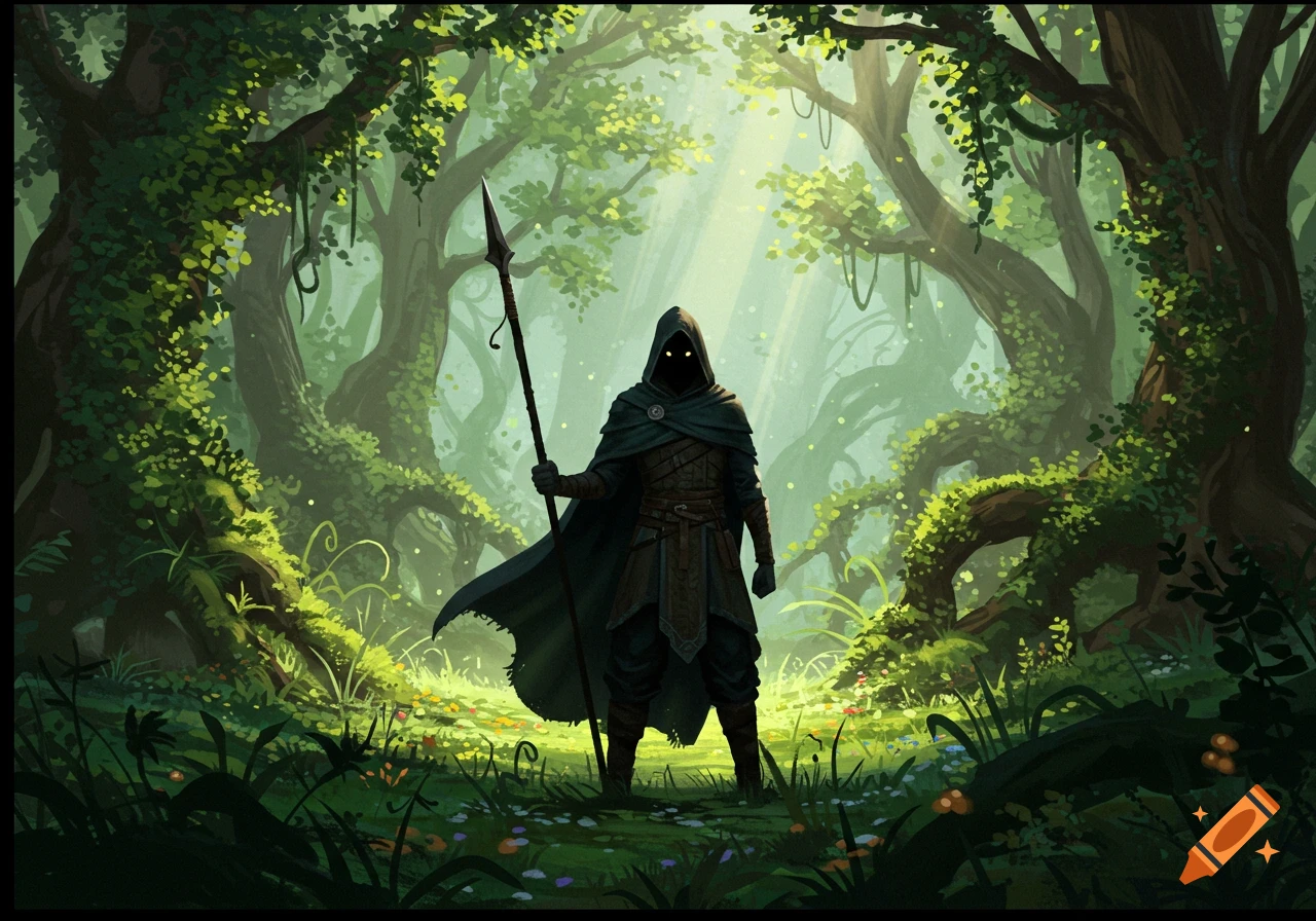 A hooded figure with glowing eyes holds a spear in a lush, sunlit fantasy forest, stylized digital art.