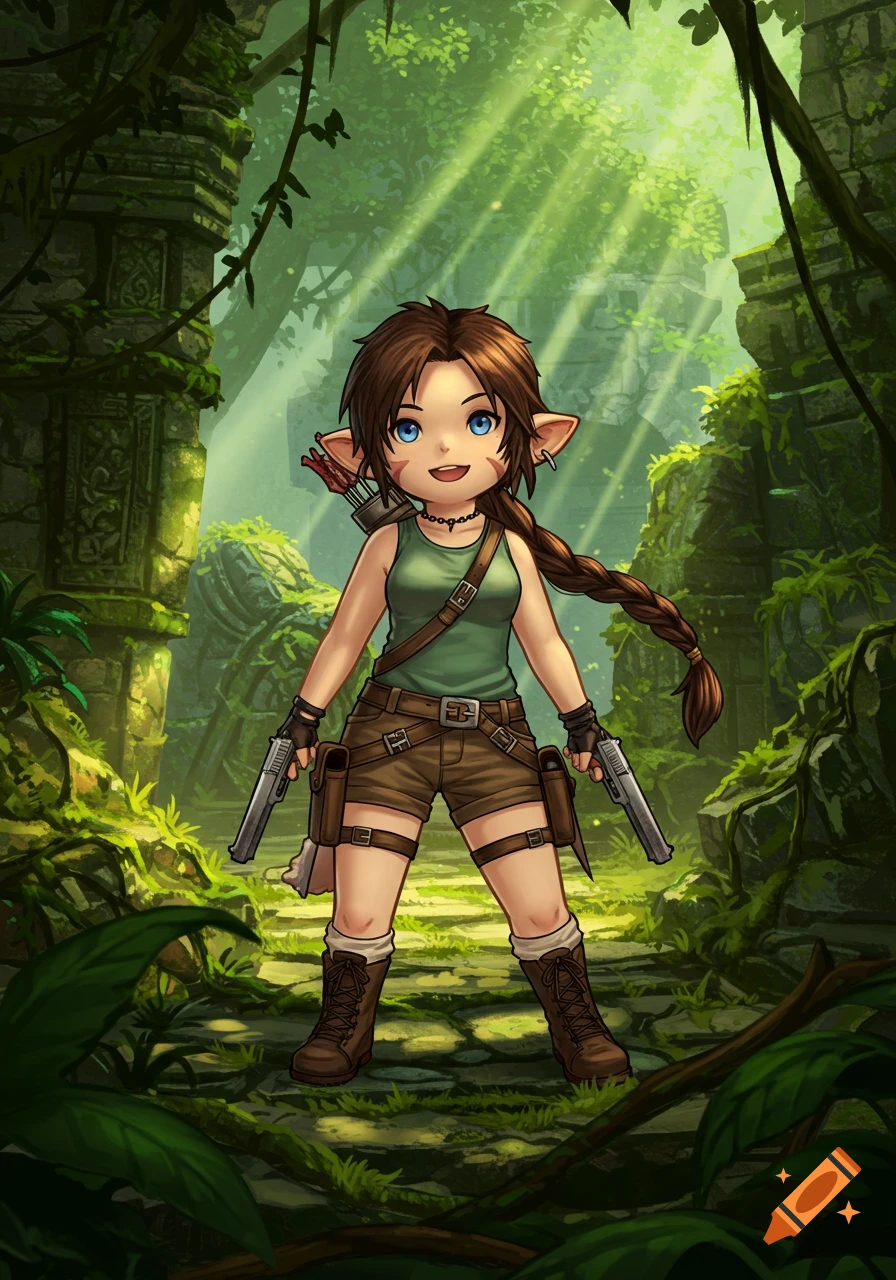 A chibi Lara Croft-style adventurer with elf ears stands in a lush jungle ruin, holding two pistols.