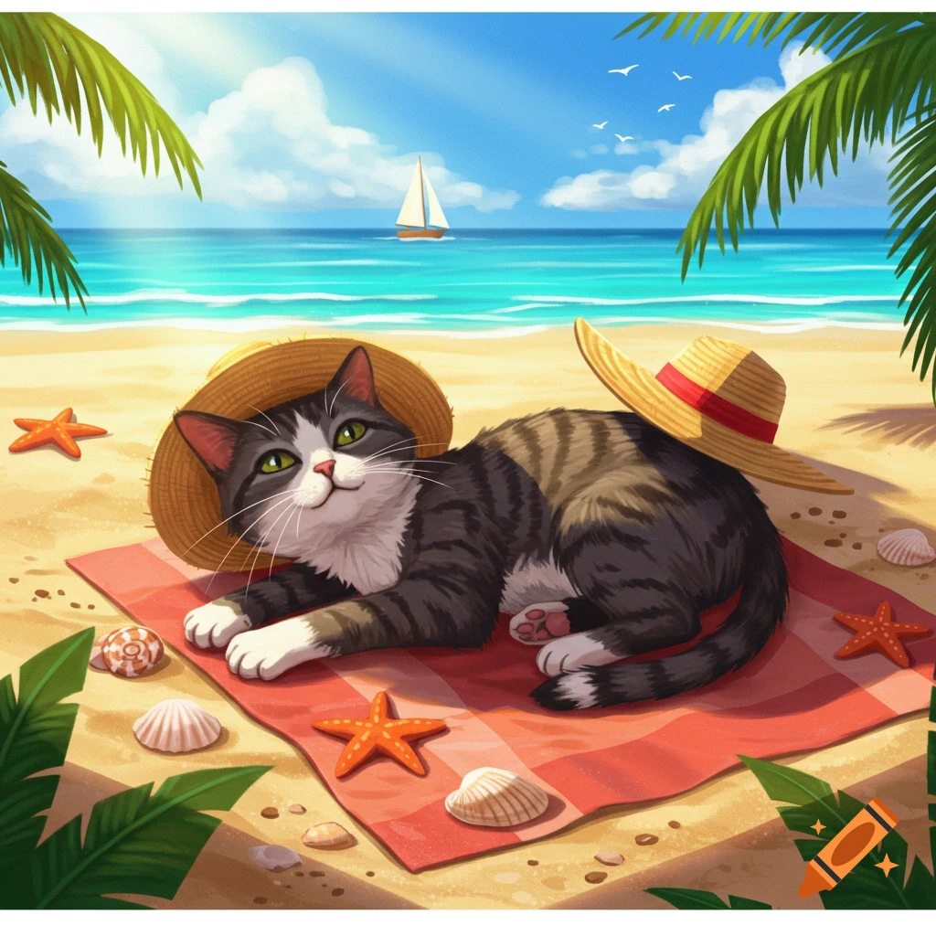 A happy tabby cat wearing a straw hat relaxes on a red beach towel on a sunny beach with palm trees and a sailboat.