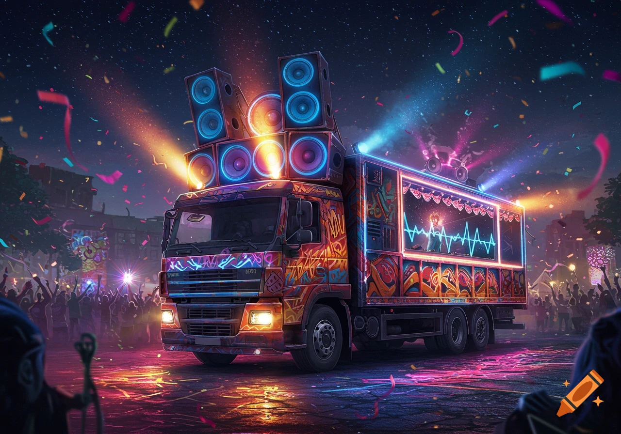 A vibrant sound system truck covered in graffiti and neon lights, surrounded by a cheering crowd and falling confetti at a night street party.
