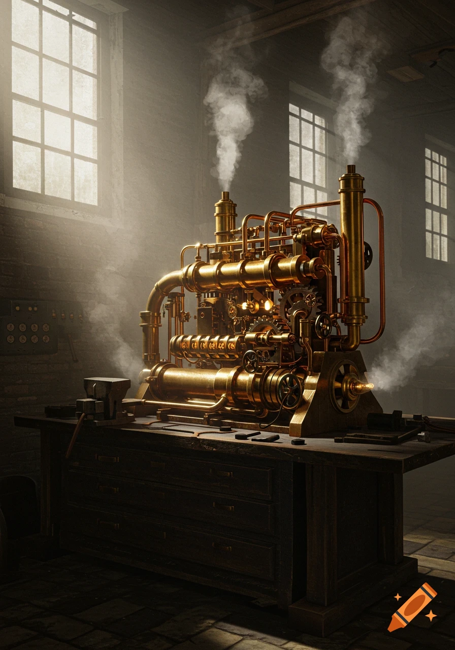 Detailed golden steampunk machine with pipes and smoke on a workbench in a dusty industrial workshop.