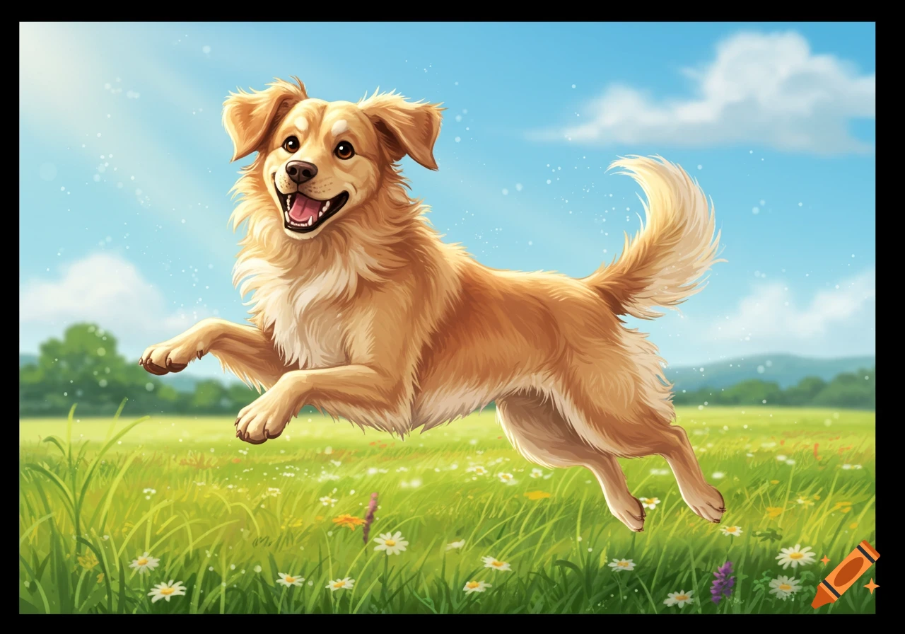 A cheerful golden dog leaps through a sunny green field filled with white flowers, depicted in a bright illustration.