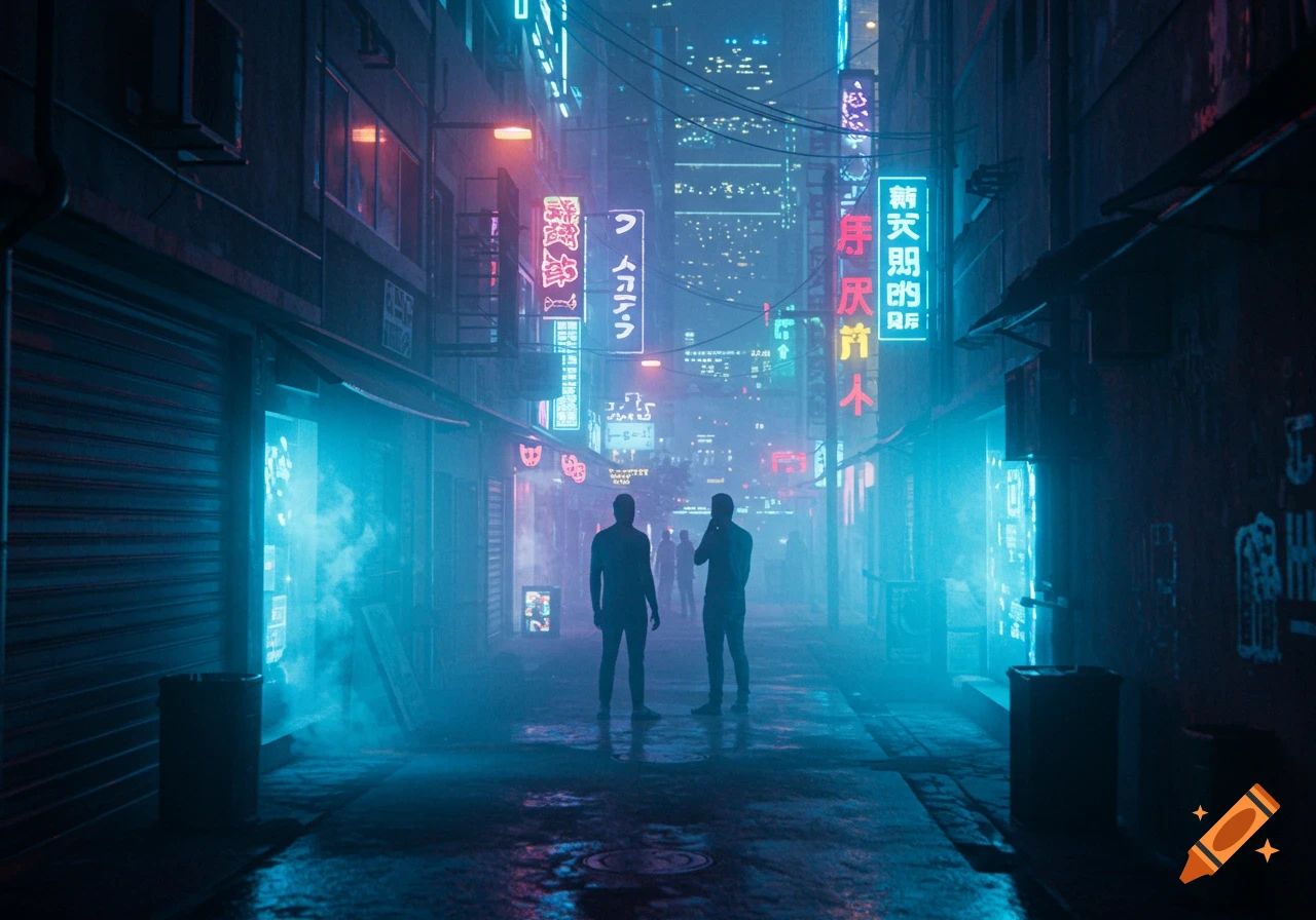 Two figures stand in a foggy, neon-lit cyberpunk alleyway at night, surrounded by glowing signs and wet pavement.