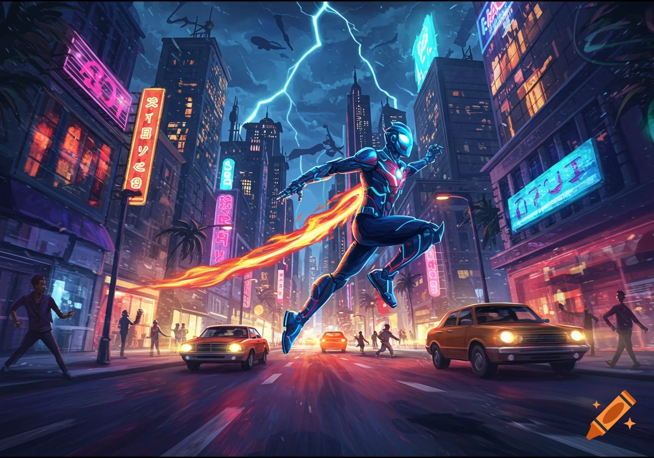 A superhero-like figure with a fiery trail runs through a neon-lit cyberpunk city at night with lightning striking the sky.