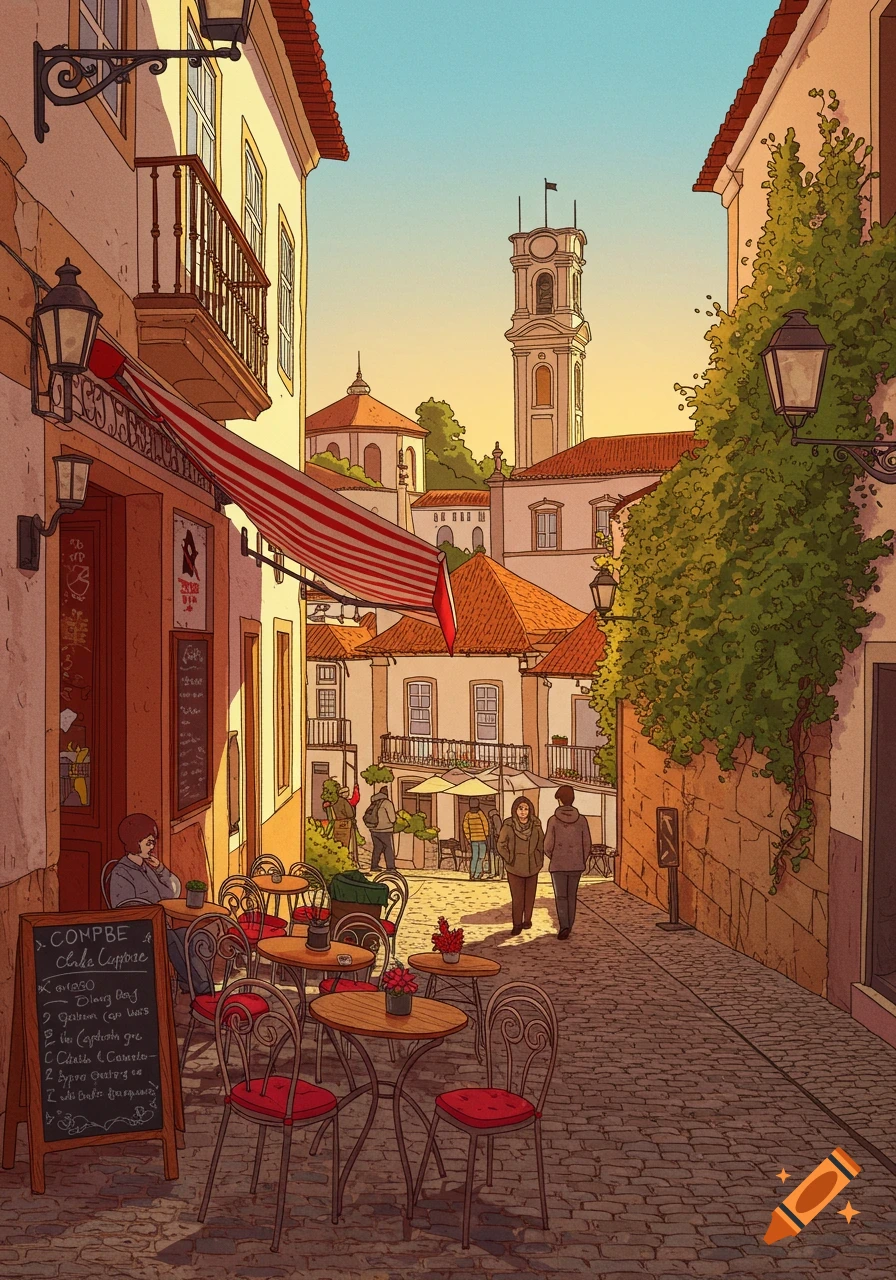 Illustrated street scene in Coimbra with a cafe, outdoor seating, and a distant university tower under a clear sky.