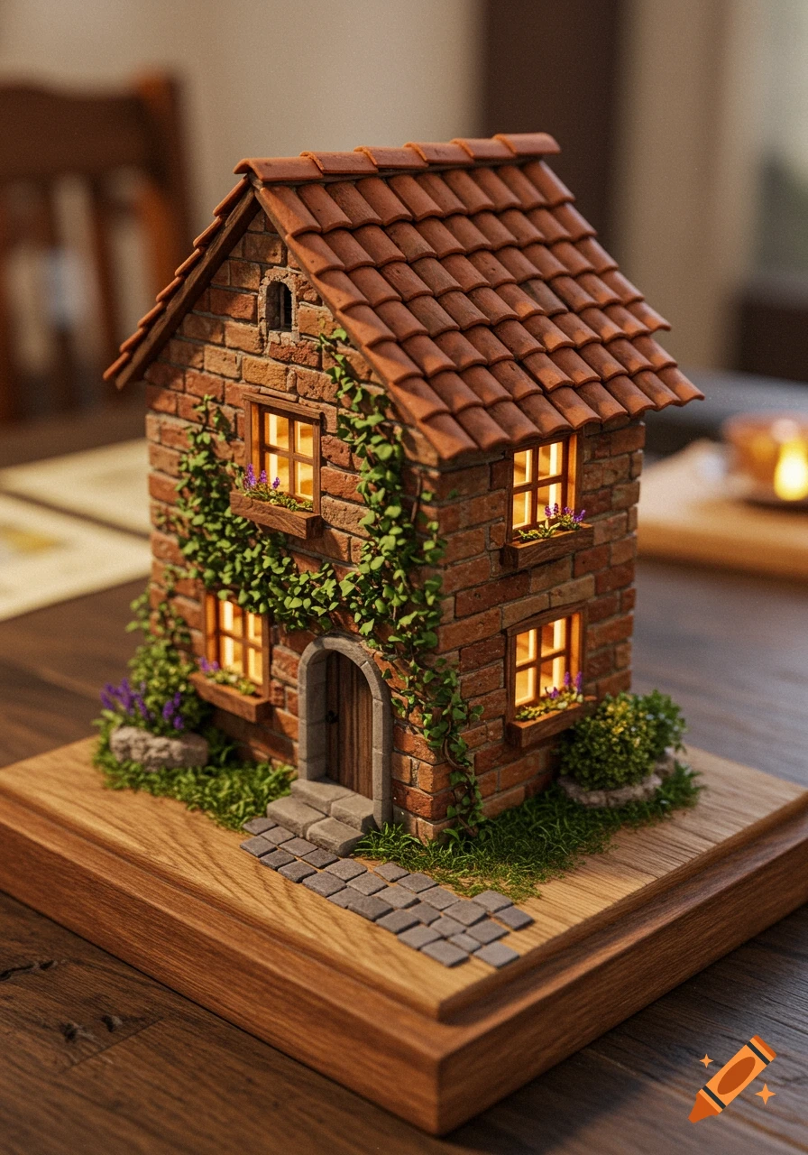 A highly detailed miniature brick house with a tiled roof, green ivy, and glowing windows on a wooden base.