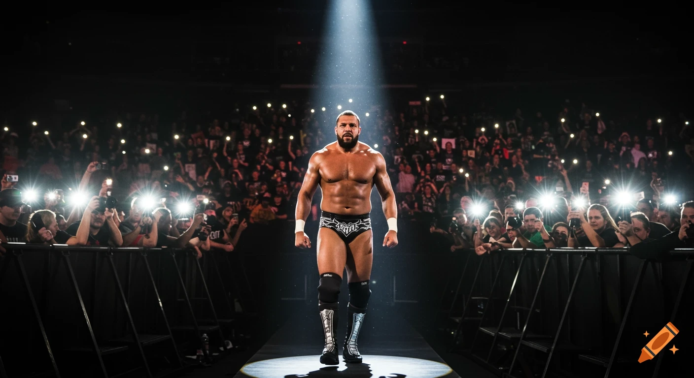 Muscular male wrestler in trunks and boots walks down a spotlighted ramp to a cheering crowd with camera flashes.