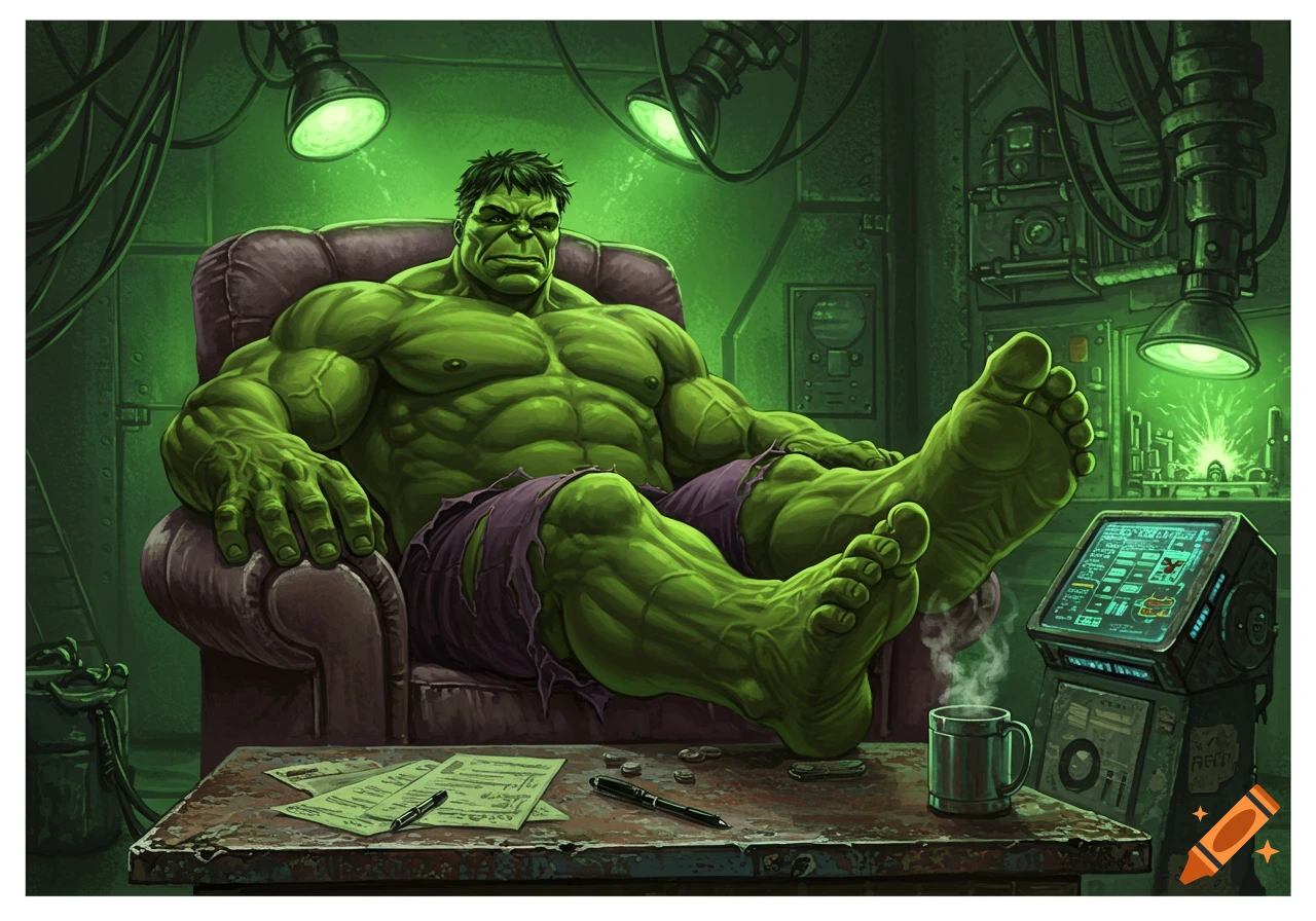 The Incredible Hulk sits relaxed in a chair with his feet up on a table, in a green-lit, industrial room.