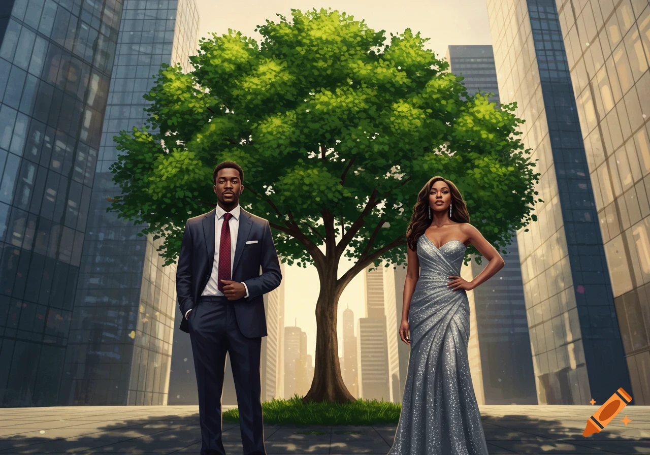 A man in a suit and a woman in a silver gown stand in a city square with a large tree and skyscrapers.