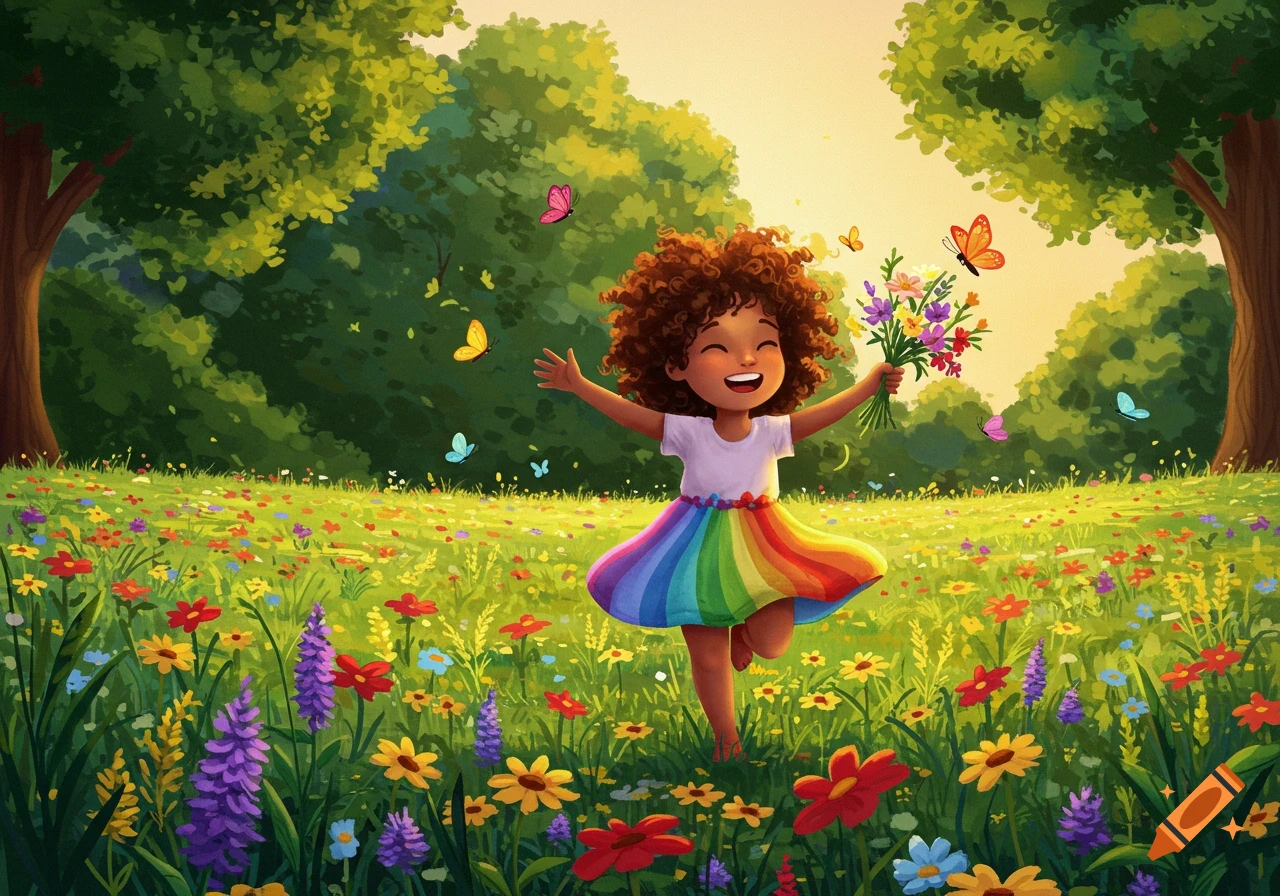 A happy curly-haired child in a rainbow skirt runs joyfully through a vibrant field of colorful flowers with butterflies, surrounded by green trees. Stylized illustration.