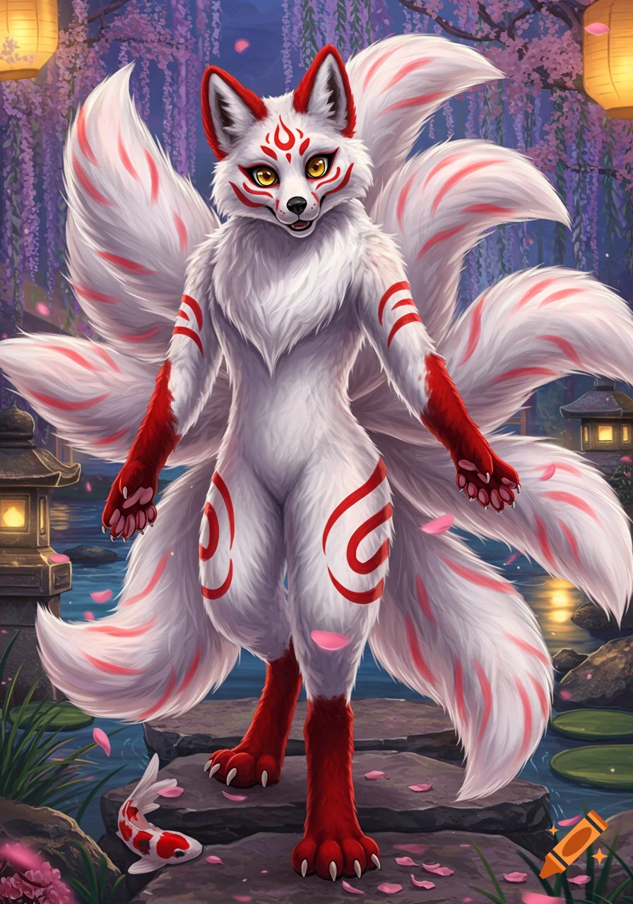 A white kitsune fox with red markings and multiple tails stands in a Japanese garden with wisteria, lanterns, and koi fish.