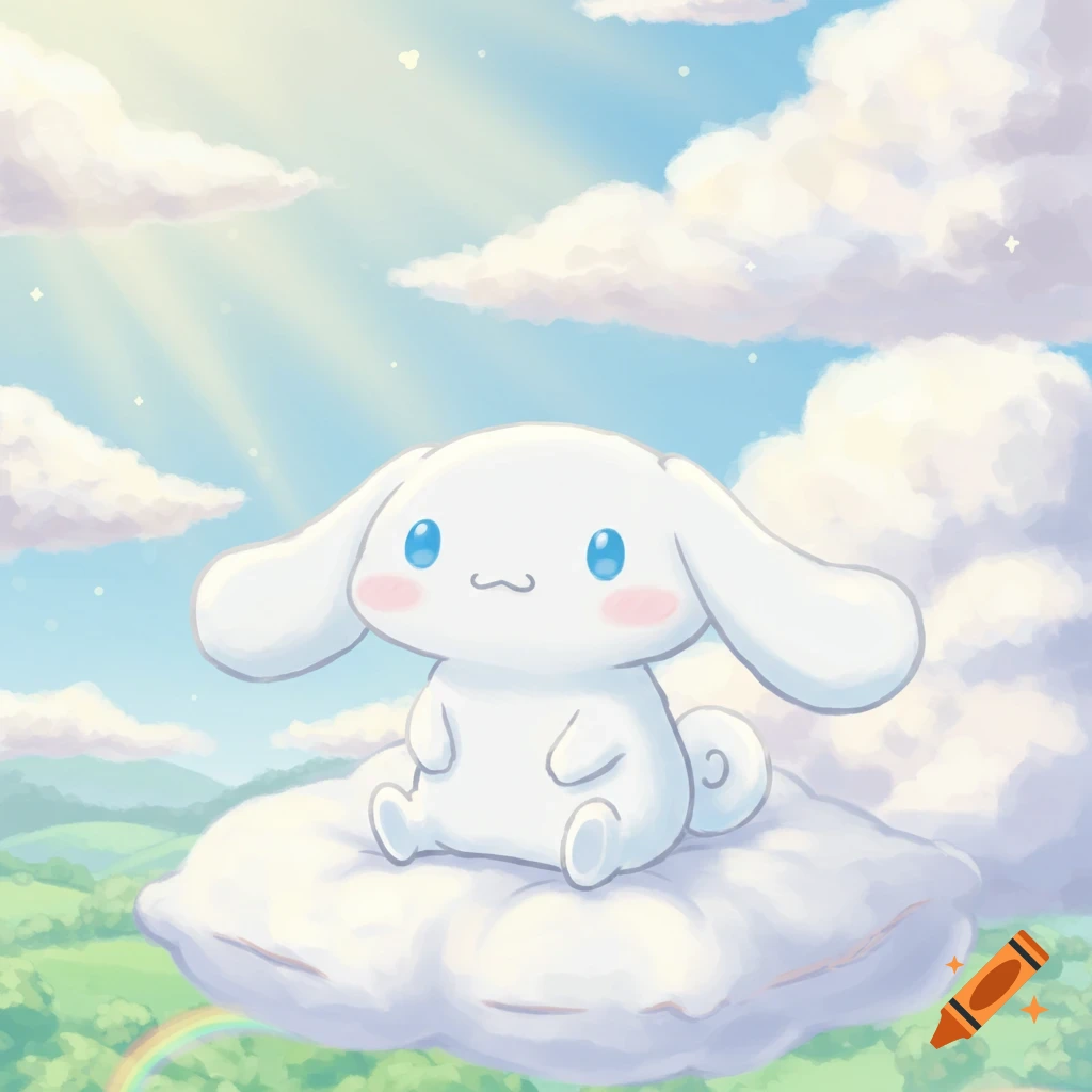 Cute white cartoon character, Cinnamoroll, sitting on a cloud in a bright sky over a green landscape with a rainbow.
