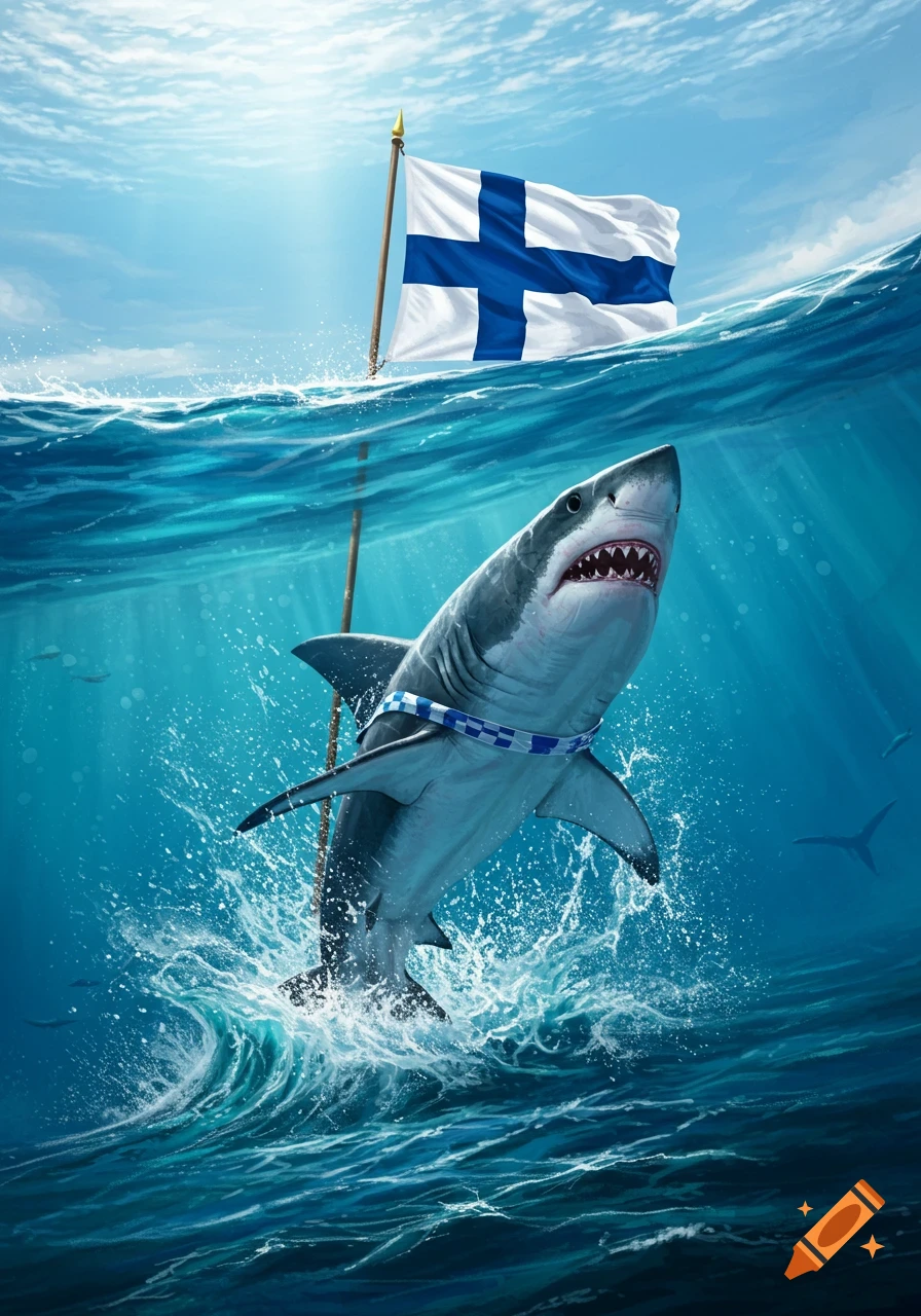 Digital illustration of a great white shark leaping from the ocean with a Finnish flag flying on a pole above the water.