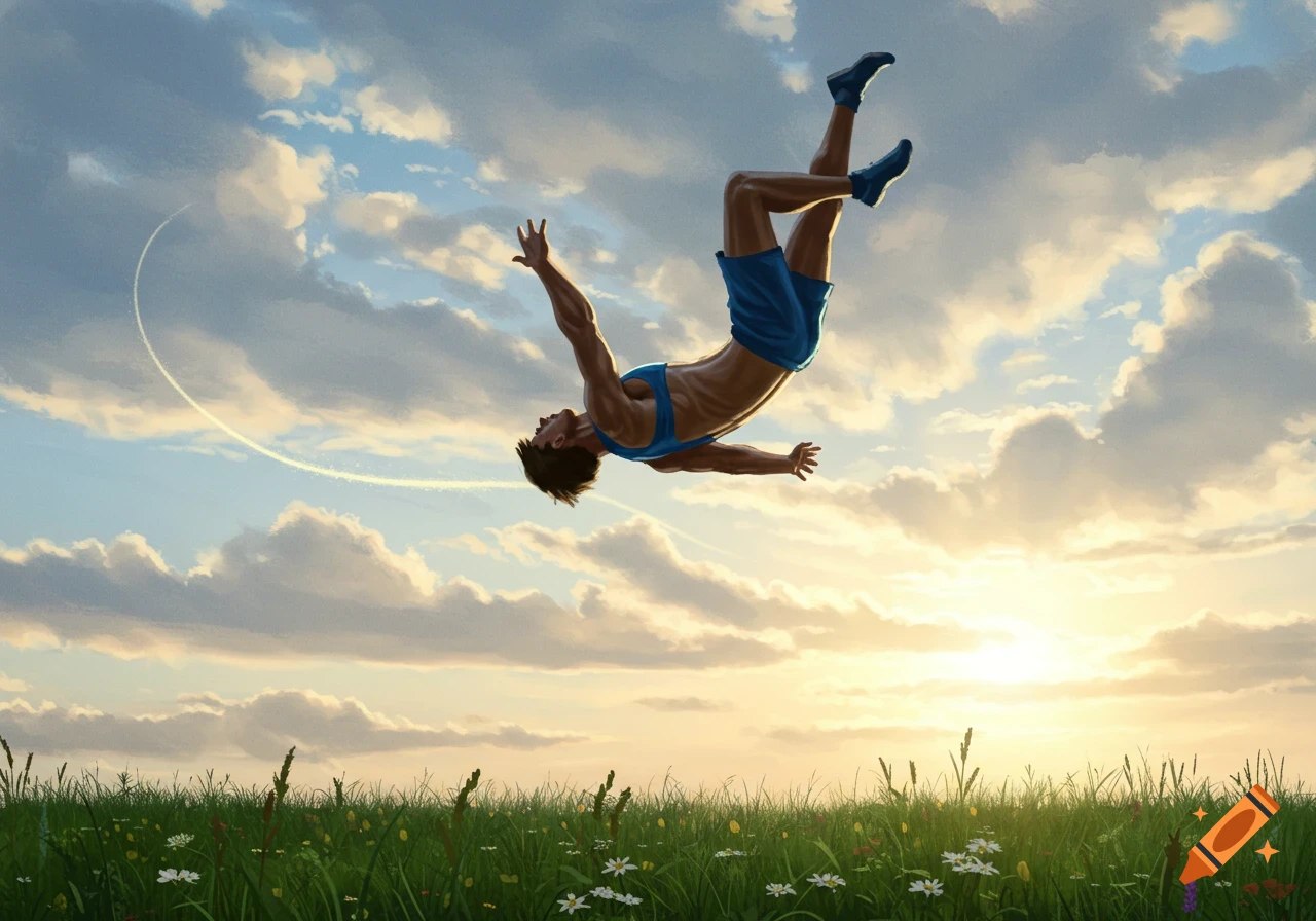 Illustration of a man in athletic wear doing a backflip in the sky above a grassy field at sunset.