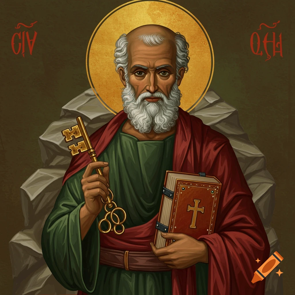 Byzantine icon of Saint Peter, an elderly man with white beard and halo, holding golden keys and a book with a cross.