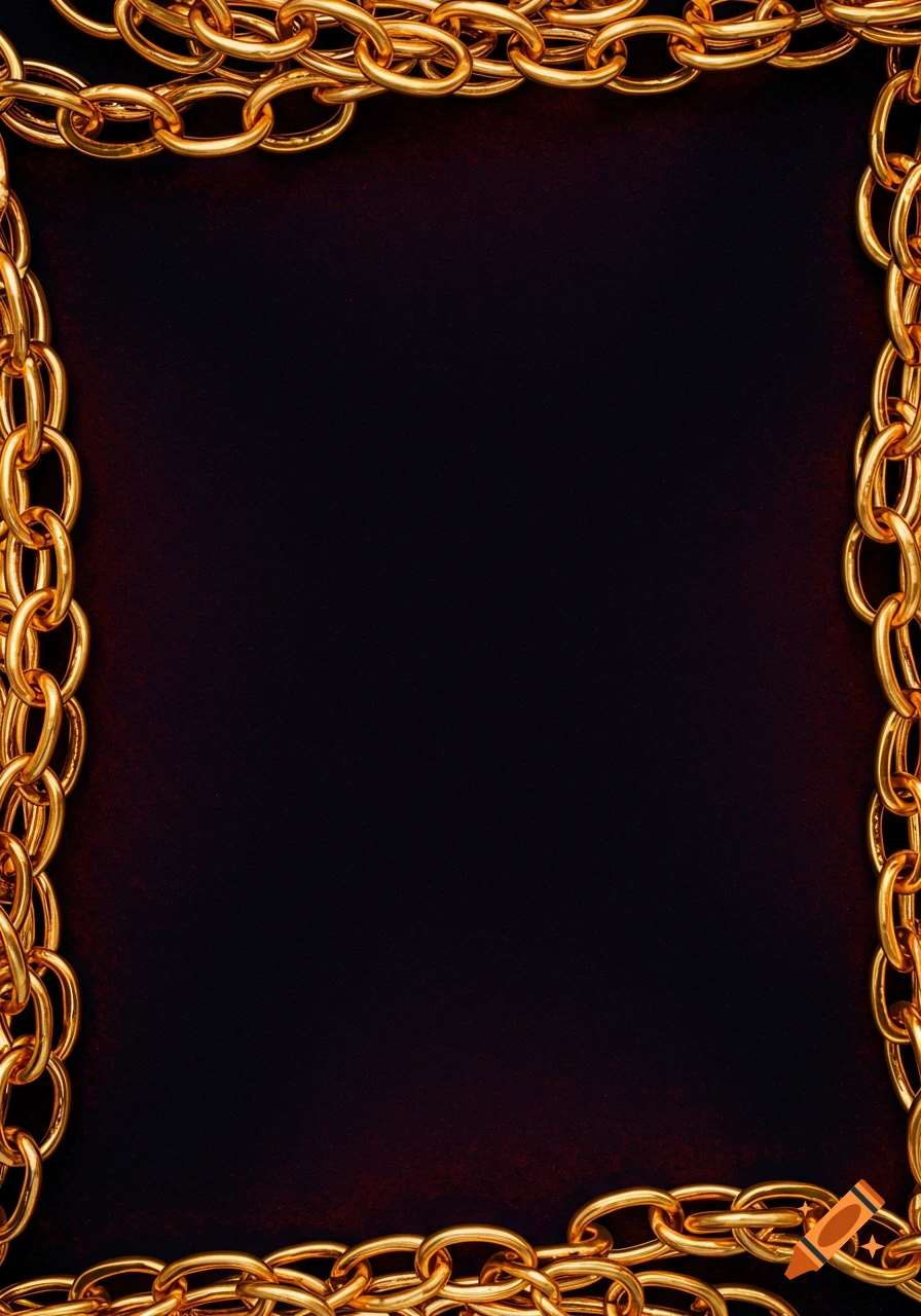 Golden chains frame a dark, subtly reddish-purple background, creating a luxurious border.
