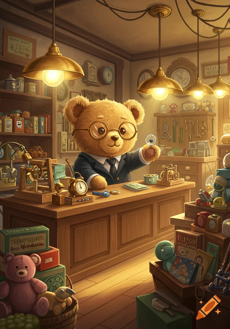 An anthropomorphic teddy bear in a suit and glasses works at a counter in a cozy, cluttered toy shop, holding a small device. Illustration.