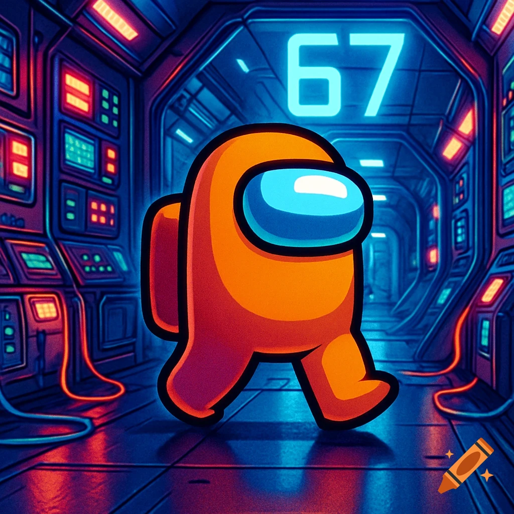 An orange Among Us crewmate walks through a neon-lit spaceship corridor with the number 67 above.