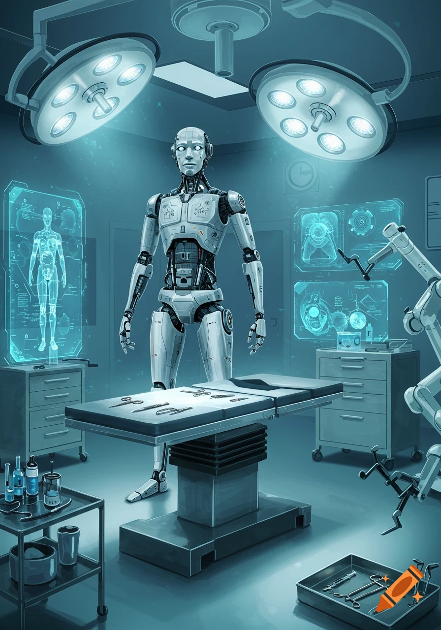 A humanoid robot stands in a futuristic operating room with glowing surgical lights, an operating table, and holographic medical displays.