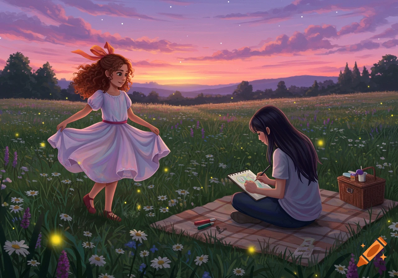 Whimsical illustration of two girls in a wildflower field at sunset. One dances in a white dress, the other draws on a blanket.