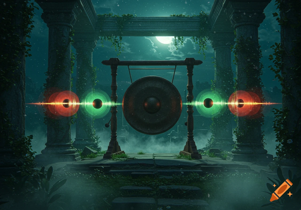 A large gong in ancient, overgrown ruins at night, illuminated by moonlight and pulsing red and green light orbs.