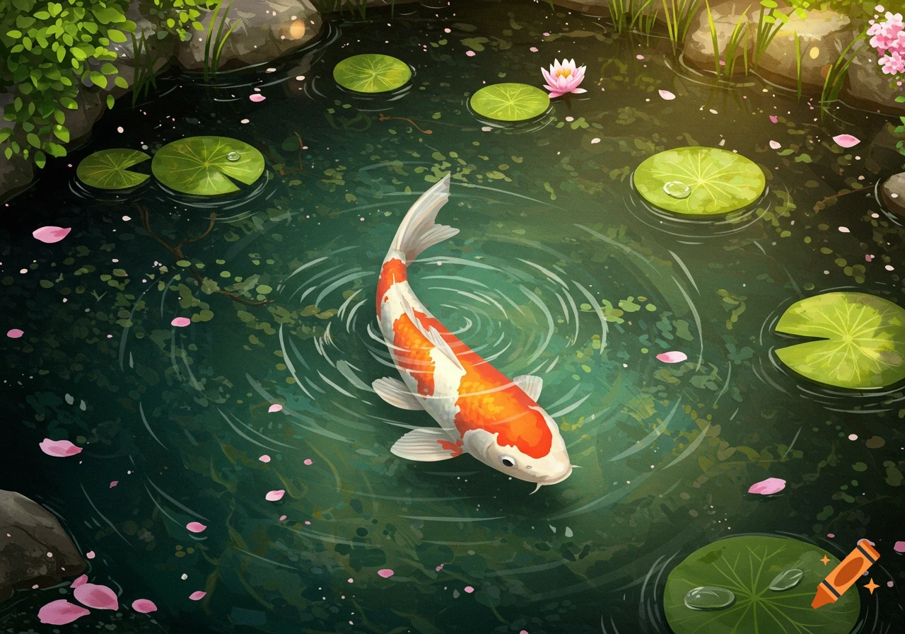 A vibrant orange and white koi fish swims in a dark green pond, surrounded by lily pads, pink petals, and gentle ripples.
