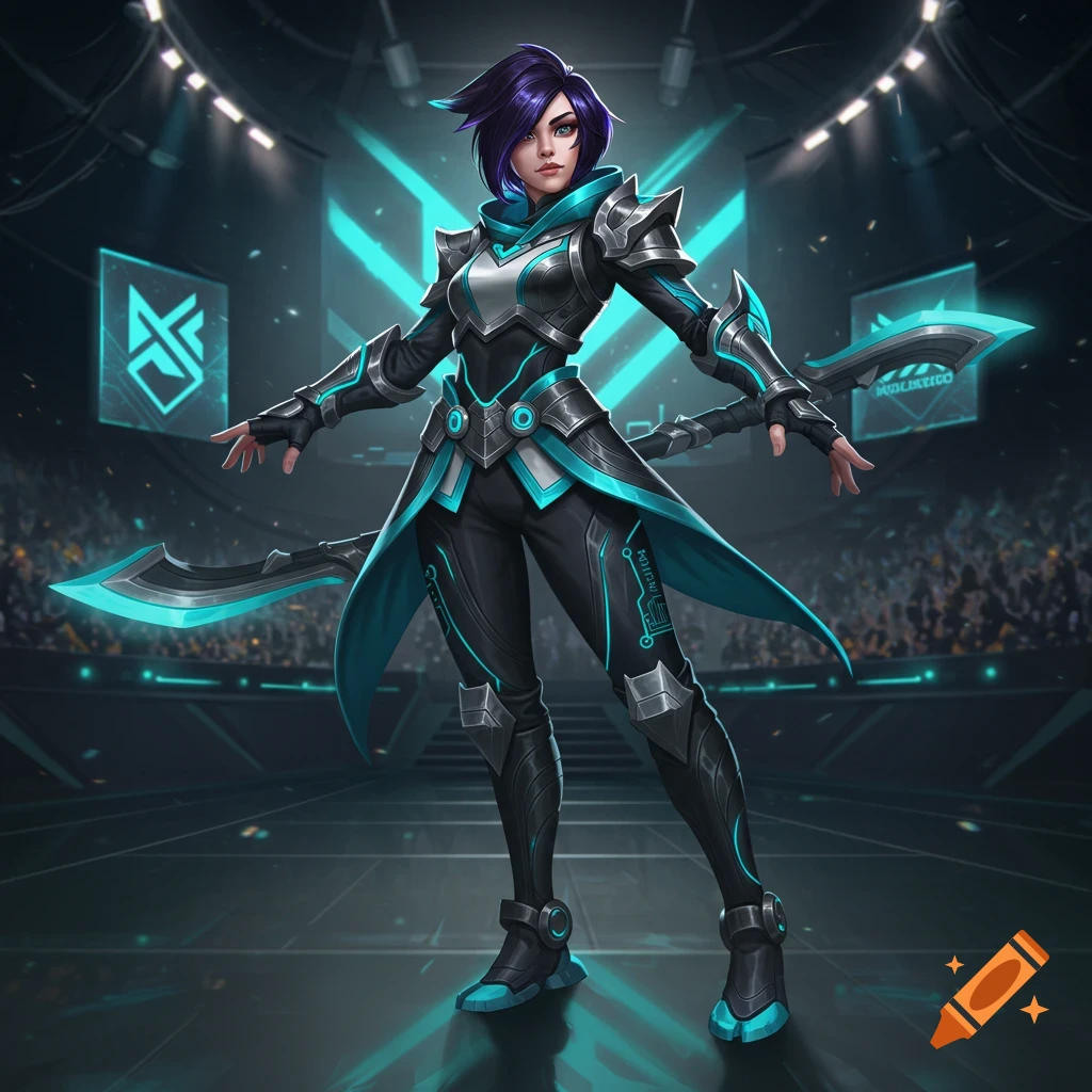A stylized female character in black and teal futuristic armor, holding two glowing blades, stands in an esports arena.