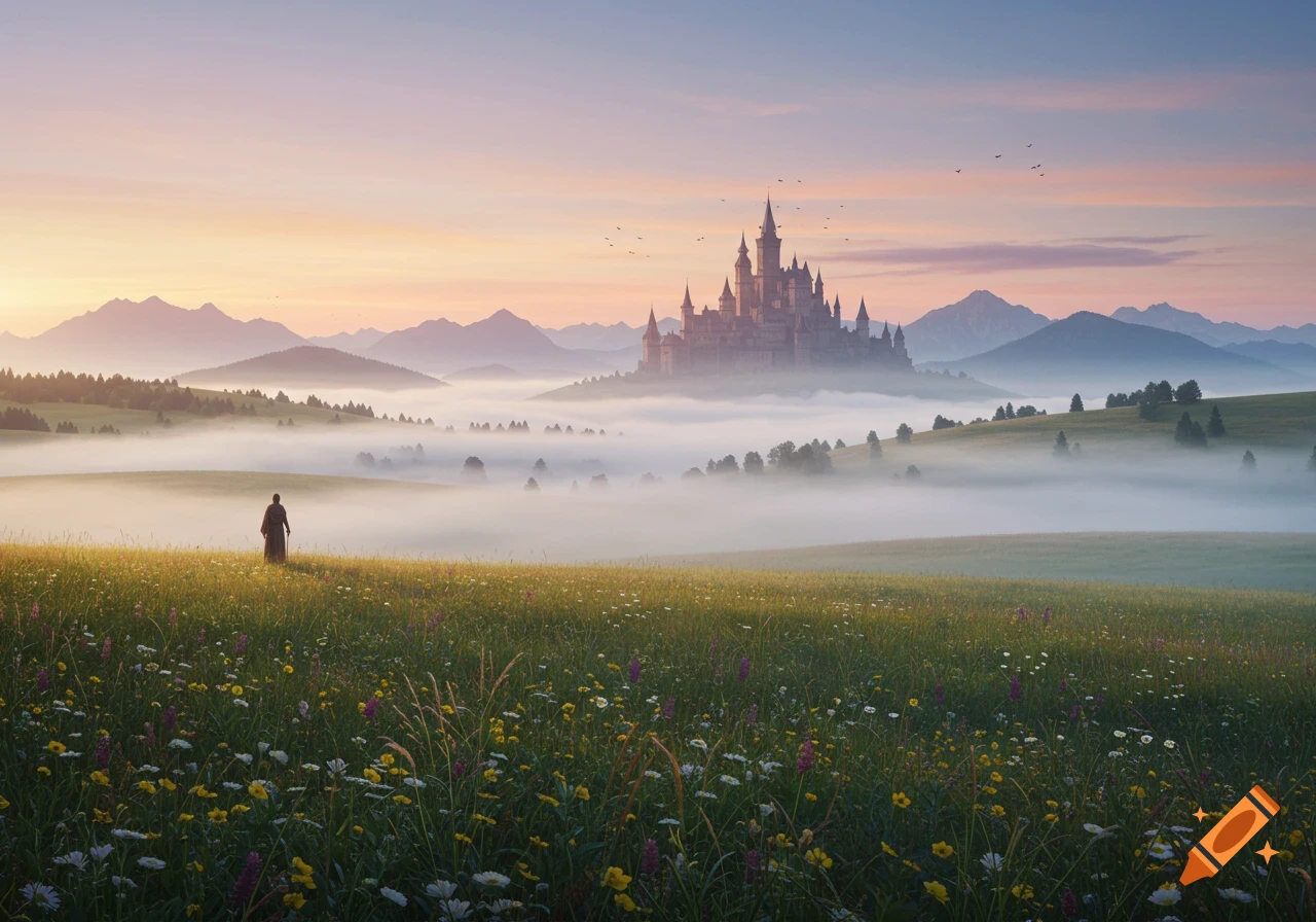 A lone figure walks through a misty, flower-filled field towards a grand fantasy castle in a mountain range at sunrise.