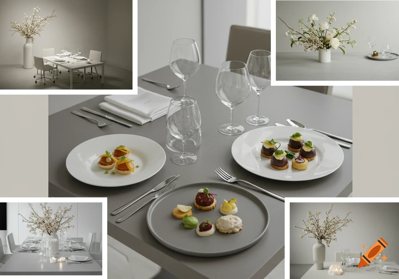Minimalist corporate catering mood board featuring elegant table settings, gourmet appetizers, and white floral arrangements.