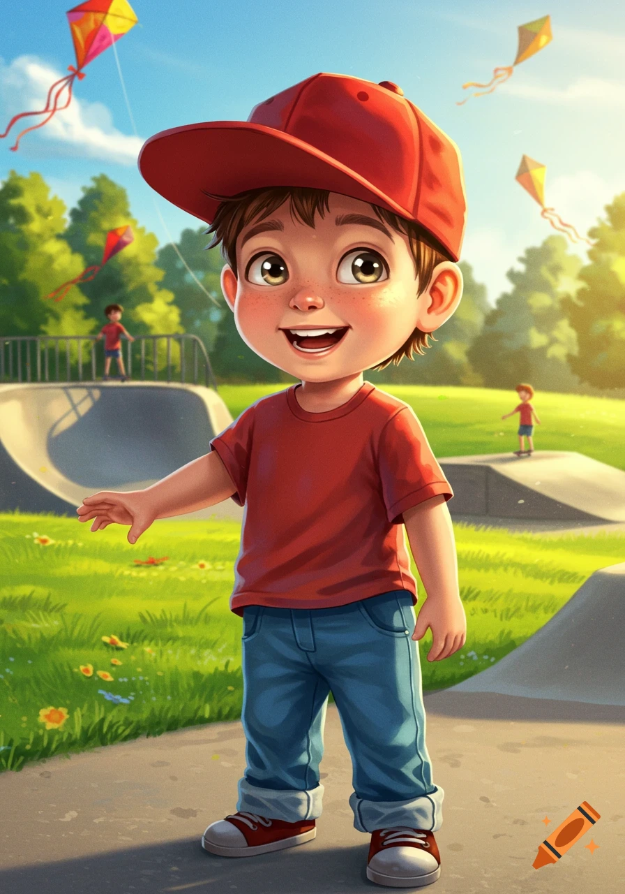 A cheerful cartoon boy in a red baseball cap and jeans stands in a sunny park with colorful kites in the sky, digital illustration.
