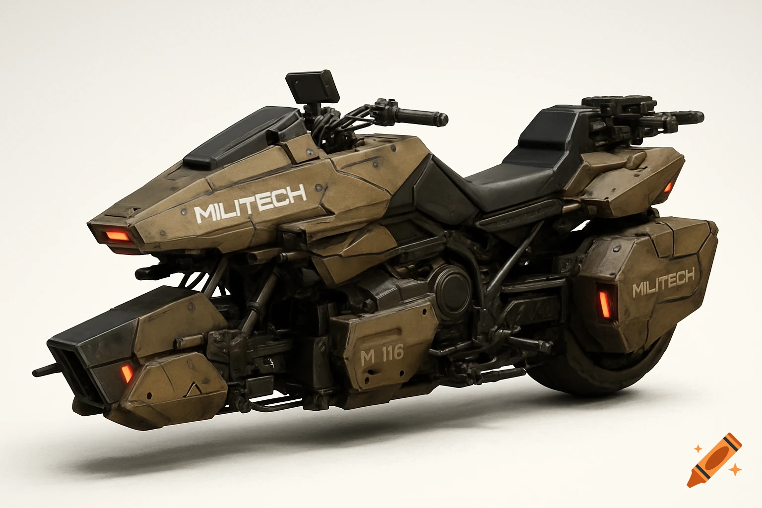 A futuristic military speeder bike in desert tan and black, with red lights and 'MILITECH' branding, against a white background.
