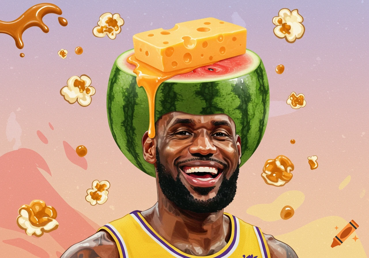 Stylized illustration of LeBron James smiling, wearing a Lakers jersey, with a watermelon on his head, melted cheese on top, and popcorn floating around.
