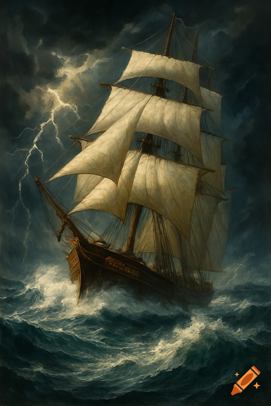 A dramatic painting of an old sailing ship with white sails battling a stormy sea under a dark, lightning-filled sky.