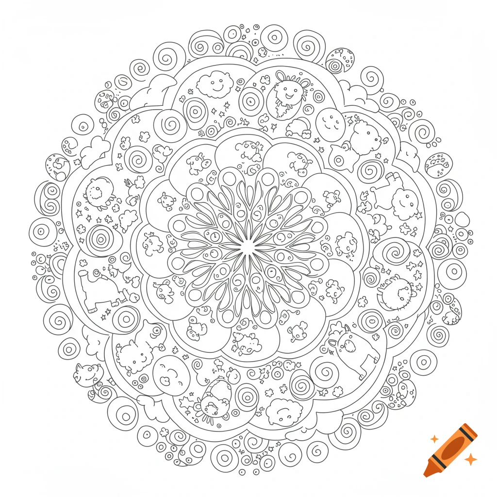 A detailed black and white mandala coloring page featuring cute animal faces, clouds, and stars in a whimsical design.