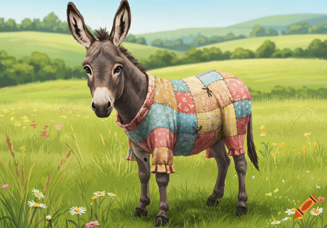 An illustrated donkey wearing a colorful patchwork coat stands in a sunny green field with wildflowers.