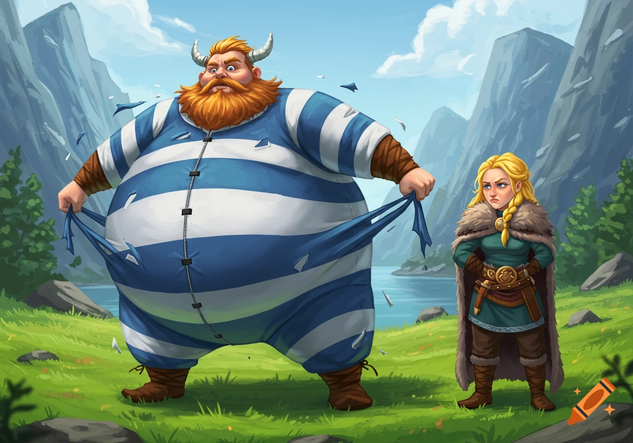 Chubby male Viking in a tearing blue and white striped suit next to an annoyed female Viking in a mountainous landscape, digital art.