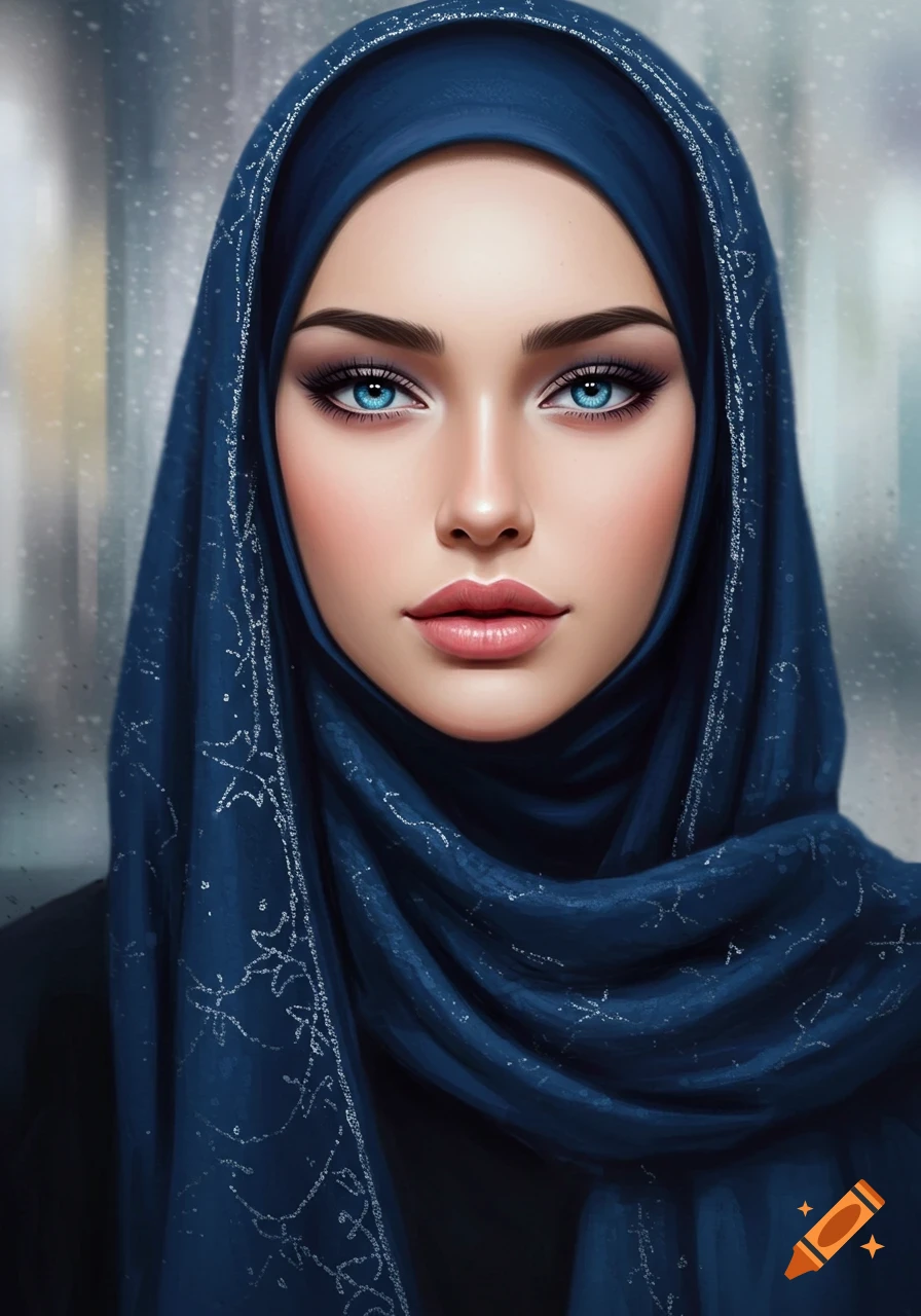 A striking digital painting portrait of a beautiful woman with vivid blue eyes wearing a dark blue, intricately patterned hijab.
