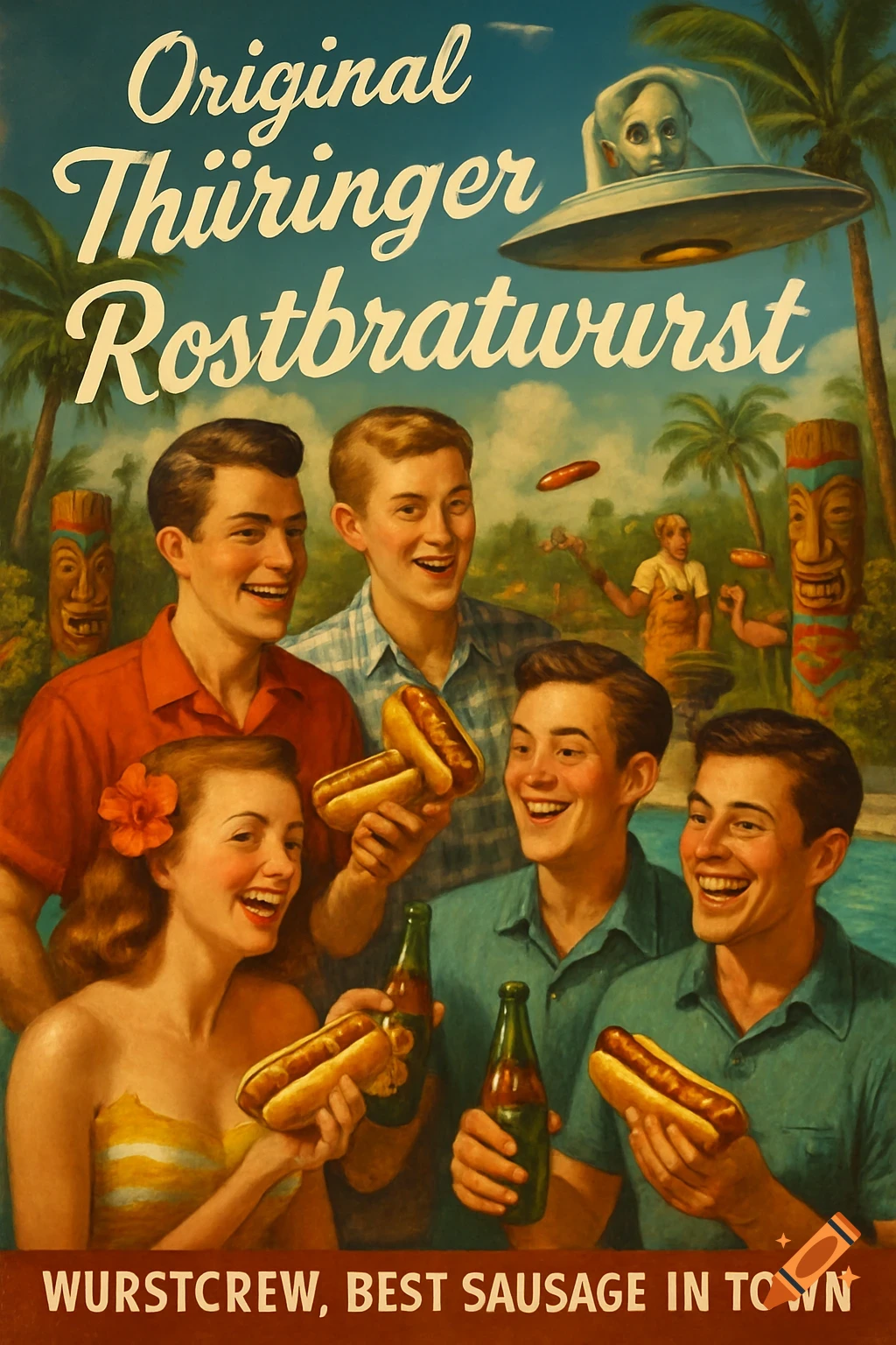 A vintage-style advertisement for Thüringer Rostbratwurst, showing happy youths with hotdogs and beer at a pool party with palm trees, tiki masks, and a UFO with an alien in the sky.