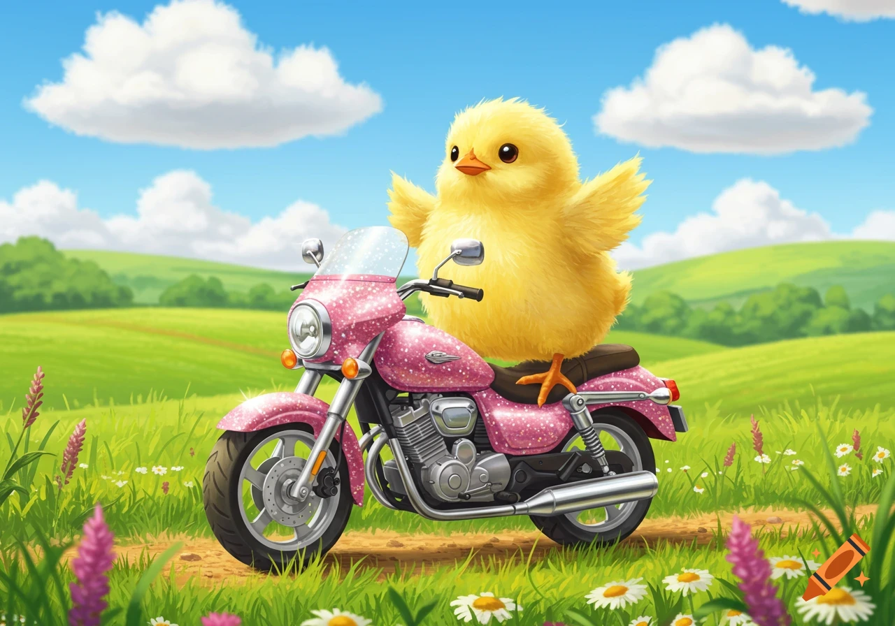 A fluffy yellow cartoon chick sits on a sparkly pink motorcycle in a green field under a blue sky.