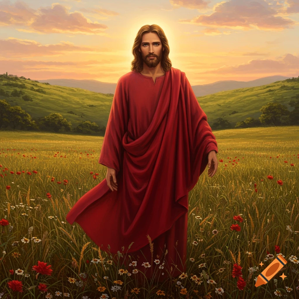 Jesus in a flowing blood red robe stands in a sunlit field of wildflowers with rolling hills under a sunset sky.