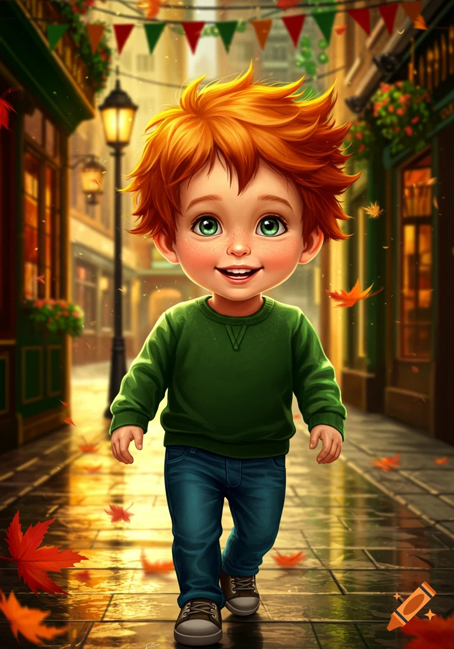 A happy, red-haired cartoon boy in a green sweater and jeans walks through a colorful autumn street with falling leaves.