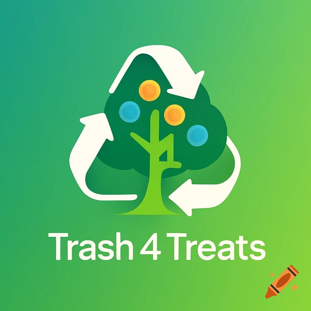 A stylized logo with a green tree bearing fruits, surrounded by a white recycling symbol, with the text "Trash 4 Treats" below.