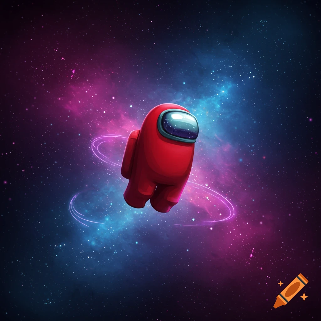A red Among Us character floats in a vibrant purple and blue galaxy with glowing trails.
