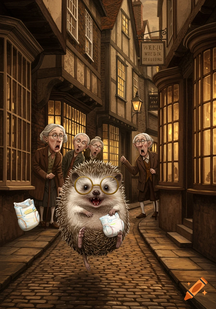 A gleeful hedgehog with glasses runs down a cobblestone street, holding a nappy, as startled elderly people look on in shock.