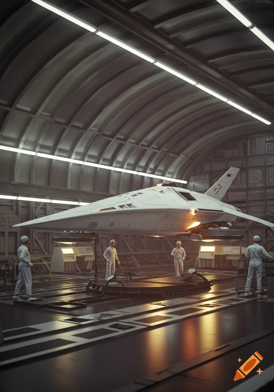 A futuristic, white, stealth-like aircraft hovers in a dimly lit hangar, surrounded by technicians in white jumpsuits.